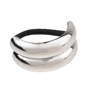 Minimalist silver geometric metal cuff hair tie with a black elastic hair band