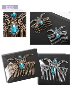 Macro view of retro triple moon hair comb with blue crystals and pentagram details