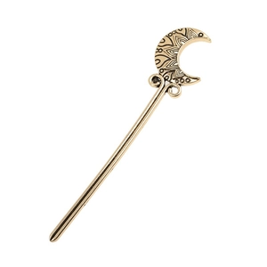 Minimalist moon hair pin with vintage mandala floral engraving in golden metal finish