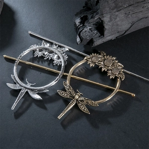 Vintage sunflower and dragonfly hair stick pin in bronze and silver alloy finish