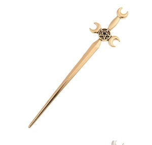 Detail of bronze alloy sword hair pin with crescent moon and pentagram carving