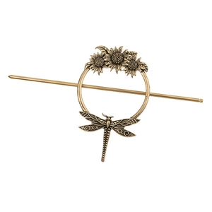 Vintage bronze sunflower and dragonfly hair pin set with a decorative circular frame