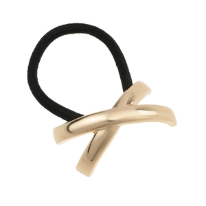 Minimalist gold X-shaped metal hair tie with durable black high-elasticity rubber band