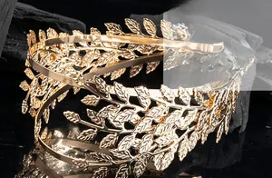 Detailed view of elegant gold olive leaf double layer alloy headband with metallic finish
