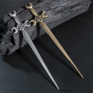 Vintage sword hairpins featuring pentacle and crescent moon symbols in silver and bronze metal