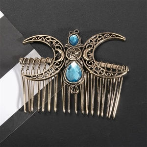 Vintage bronze alloy hair comb with pentagram, crescent moon and blue crystals