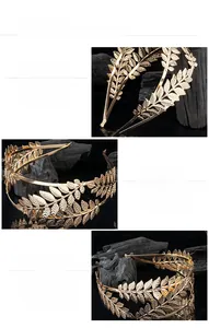 Detail view of gold leaf headband with polished metal texture and laurel leaf patterns