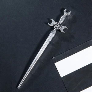 Vintage silver sword hair pin featuring crescent moon and pentagram totem in alloy metal