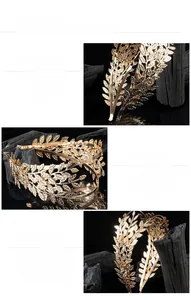Macro detail of golden leaf headband showing polished alloy texture and layered design