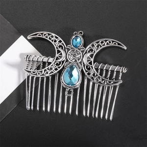 Vintage silver alloy hair comb with celestial pentagram and blue teardrop gemstones
