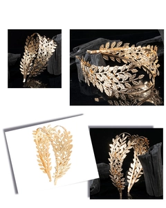 Detailed views of the golden leaf headband with intricate hollowed-out vein textures