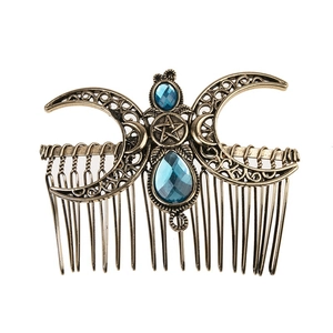 Vintage bronze alloy hair comb featuring moon and pentagram design with blue crystals