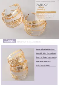 Detail shot of golden alloy headbands with star and leaf charms and coin pendants