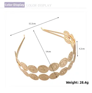 Detailed dimensions of double-layer gold headband with leaf and coin motifs