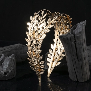 Golden double-layer laurel leaf headband crown accessory for weddings and parties