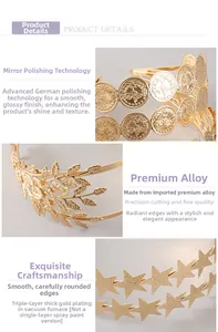 Detail of gold leaf, star and coin designs on a layered alloy headband with mirror polish