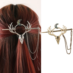 Vintage Gothic Alloy Deer Antler Moon Skull Hair Stick With Tassel Chain Retro Antique Gold Silver Rhinestone Hairpin For Women