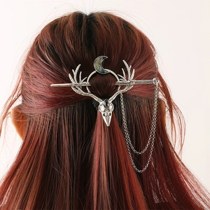 Minimalist silver deer antler moon hair pin with long metallic chain tassel on hair