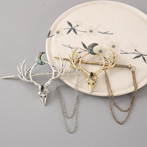Vintage antler moon hair pin with abalone shell inlay and dangling metal chains