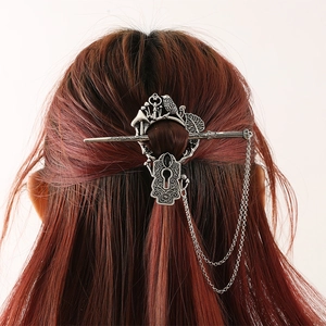 Vintage silver alloy hair stick with bird and mushroom charms for elegant hairstyles