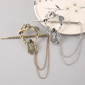 Vintage alloy hair sticks with owl and mushroom motifs and elegant hanging metal chains