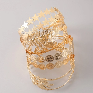 Golden double-layer metal headband set featuring star, leaf, and coin motifs for women