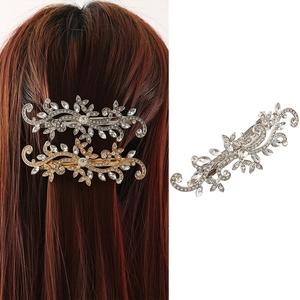 Vintage Alloy Flower Leaf Hair Clip With Brilliant Rhinestone Elegant Gold Silver Plated Spring Hairpin For Women Wedding Party Jewelry