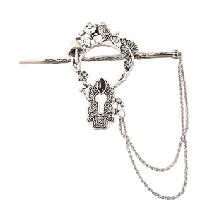 Vintage silver alloy hair stick featuring bird and mushroom charms with metal chains