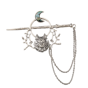 Vintage wolf and moon hair stick with silver branch design and double metal chains