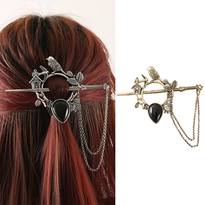 Pic à Cheveux en Alliage Vintage pour Femmes Design Rétro Oiseau Fleur Feuille Or Argent Antique Gland Chaîne Bijoux de Cheveux