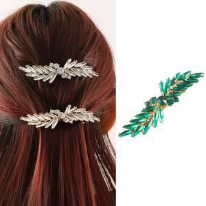 Vintage Alloy Leaf Shape Rhinestone Hair Clip Elegant Feather Design Spring Clip For Women Bridal Wedding Fashion Hairpin