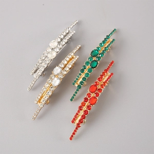 Elegant rhinestone hair clips in silver, champagne, green, and red with alloy base