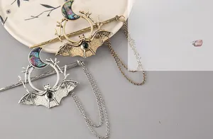 Gothic bat and crescent moon hair pin with shell inlay and metallic tassels