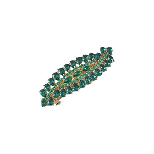 Creative leaf-shaped hair clip with emerald green crystals and small diamonds set on gold base