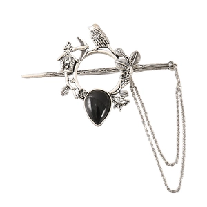 Épingle à cheveux vintage oiseau en argent avec pierre noire et pompons en métal