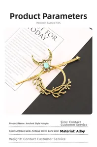 Detail of moon and branch alloy hairpins with turquoise stone and sparkling rhinestones