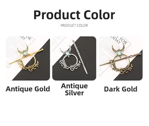 Detail view of crescent moon and tree branch hairpins set in antique gold and silver finishes