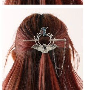 Gothic crescent moon and bat hair pin with iridescent abalone shell and chain fringe