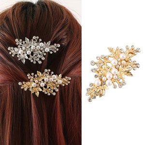 Vintage Leaf Artificial Pearl Rhinestone Hair Clip Elegant Alloy Gold Silver Plated Spring Clip For Women Wedding Hair Accessories
