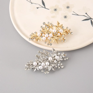 Elegant gold and silver leaf hair clips with artificial pearls and sparkling rhinestones