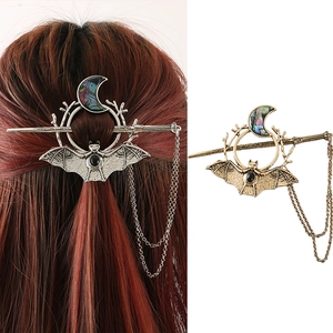 Vintage Gothic Bat Moon Hair Stick Antique Alloy Hair Pin With Long Tassel Chain Retro Hair Jewelry For Halloween Women