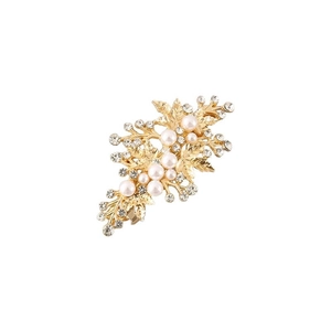 Elegant gold alloy leaf hair clip with pearls and rhinestones on a white background