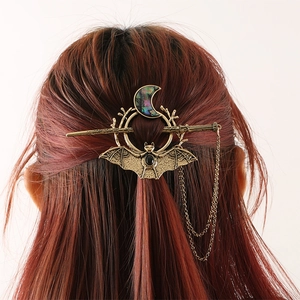 Gothic bat and crescent moon hair pin with bronze metal and rainbow abalone inlay