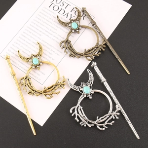 Vintage Alloy Moon Tree Branch Hair Stick And Slide Turquoise Rhinestone Retro Bohemian Hair Pin Accessory For Women