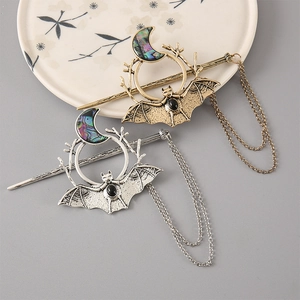 Gothic bat and crescent moon alloy hair stick with abalone shell in gold and silver