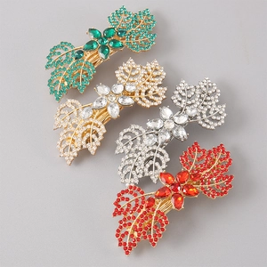 Sparkling crystal leaf hair clips in gold and silver finish with multicolored rhinestones