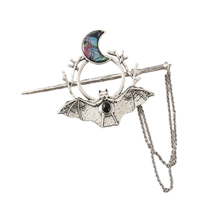 Gothic bat and crescent moon hair pin with black stone and iridescent shell inlay