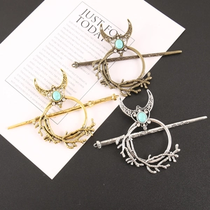 Bohemian moon and branch hair pin set with turquoise stone in three metallic finishes