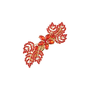 Sparkling maple leaf hair clip with red crystals and golden vintage flower design