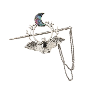 Gothic silver moon hair stick with black stone, bat motif, and cascading tassels